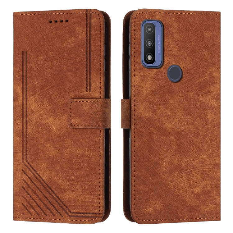 For Motorola G Pure Skin Feel Stripe Pattern Leather Phone Case with Lanyard(Brown)