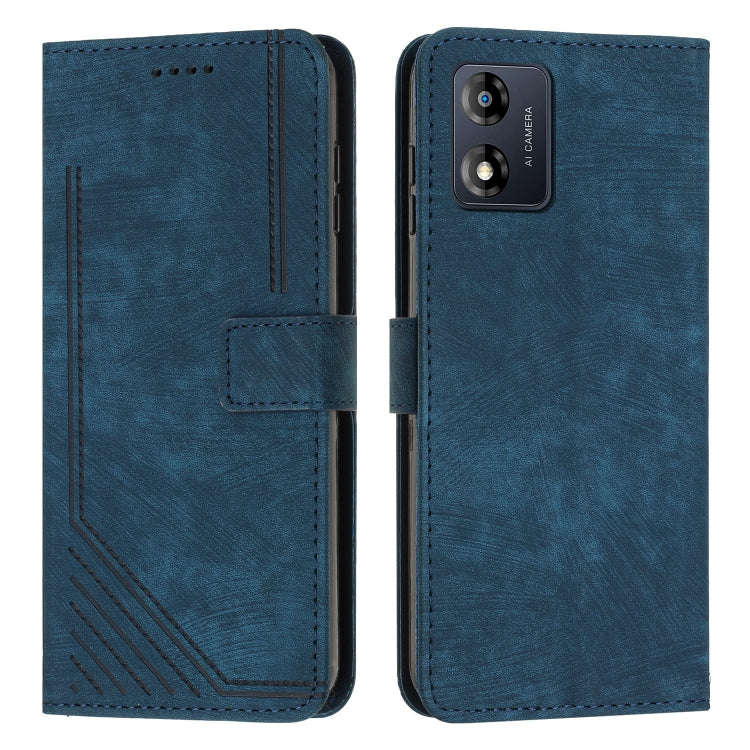 For Motorola Moto E13 Skin Feel Stripe Pattern Leather Phone Case with Lanyard(Blue)