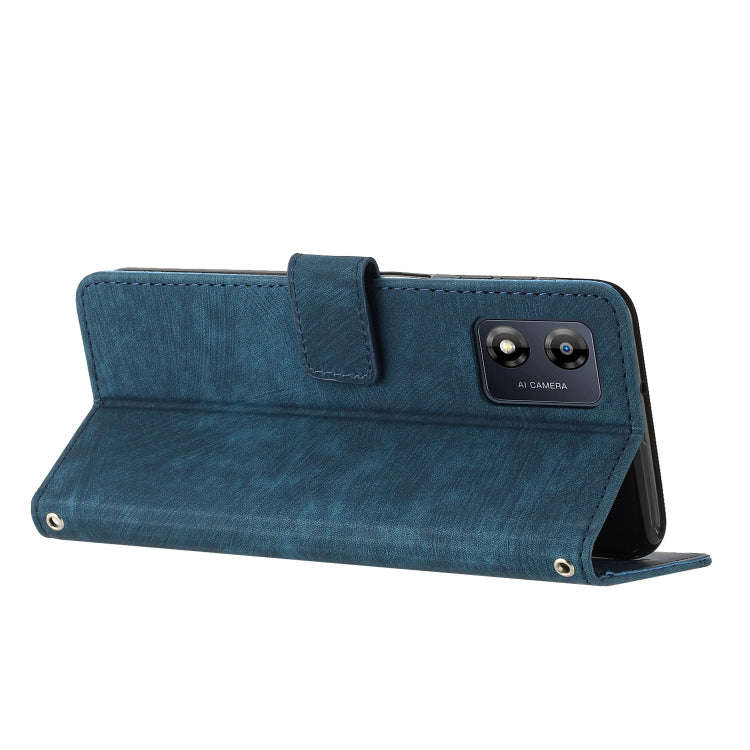 For Motorola Moto E13 Skin Feel Stripe Pattern Leather Phone Case with Lanyard(Blue)