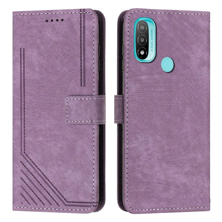 For Motorola Moto E20 / E30 / E40 Skin Feel Stripe Pattern Leather Phone Case with Lanyard(Purple)