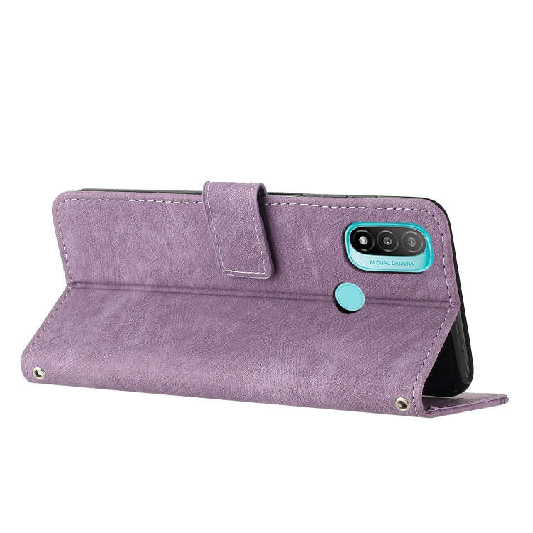 For Motorola Moto E20 / E30 / E40 Skin Feel Stripe Pattern Leather Phone Case with Lanyard(Purple)
