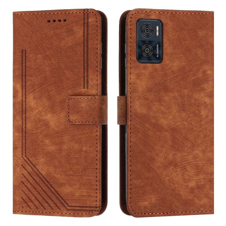 For Motorola Moto E22 / E22i Skin Feel Stripe Pattern Leather Phone Case with Lanyard(Brown)