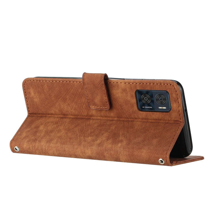 For Motorola Moto E22 / E22i Skin Feel Stripe Pattern Leather Phone Case with Lanyard(Brown)