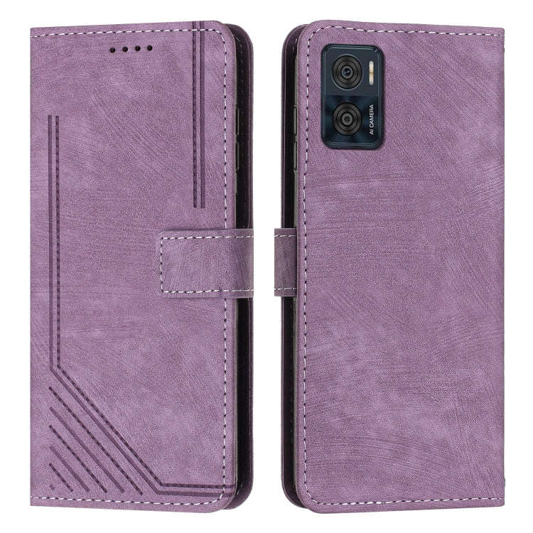 For Motorola Moto E22 / E22i Skin Feel Stripe Pattern Leather Phone Case with Lanyard(Purple)