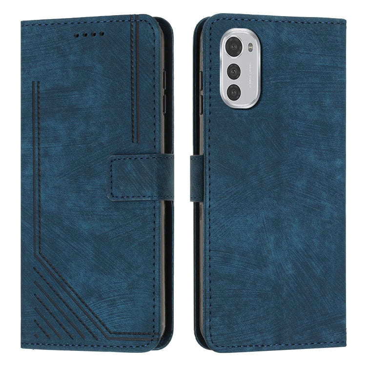 For Motorola Moto E32 Skin Feel Stripe Pattern Leather Phone Case with Lanyard(Blue)