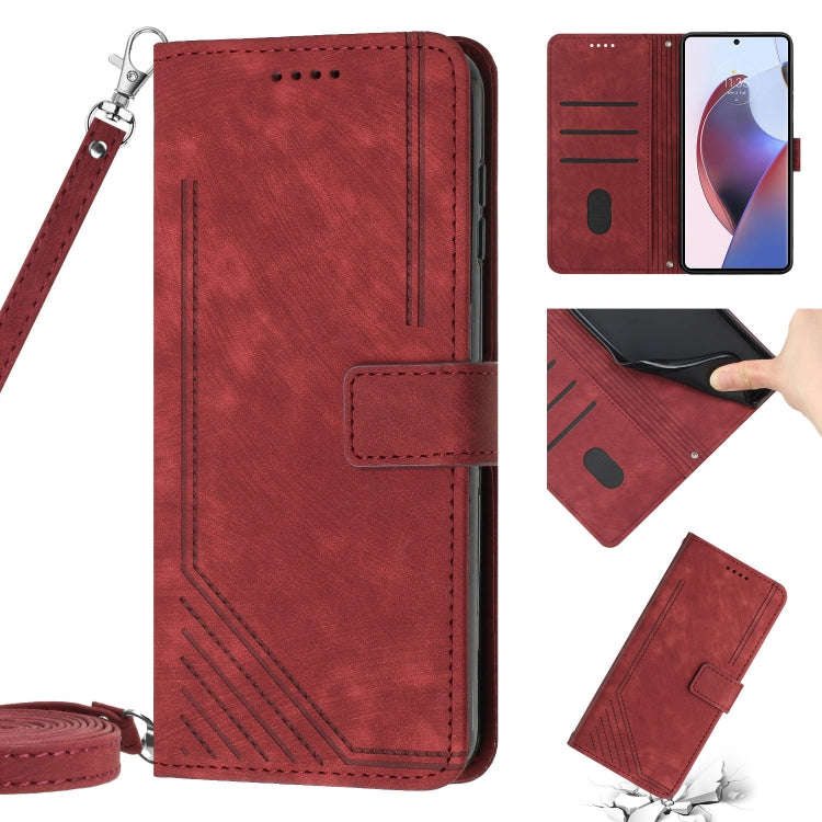 For Motorola Moto G 5G 2023 Skin Feel Stripe Pattern Leather Phone Case with Lanyard(Red)