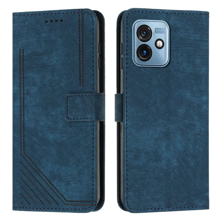 For Motorola Moto G 5G 2023 Skin Feel Stripe Pattern Leather Phone Case with Lanyard(Blue)