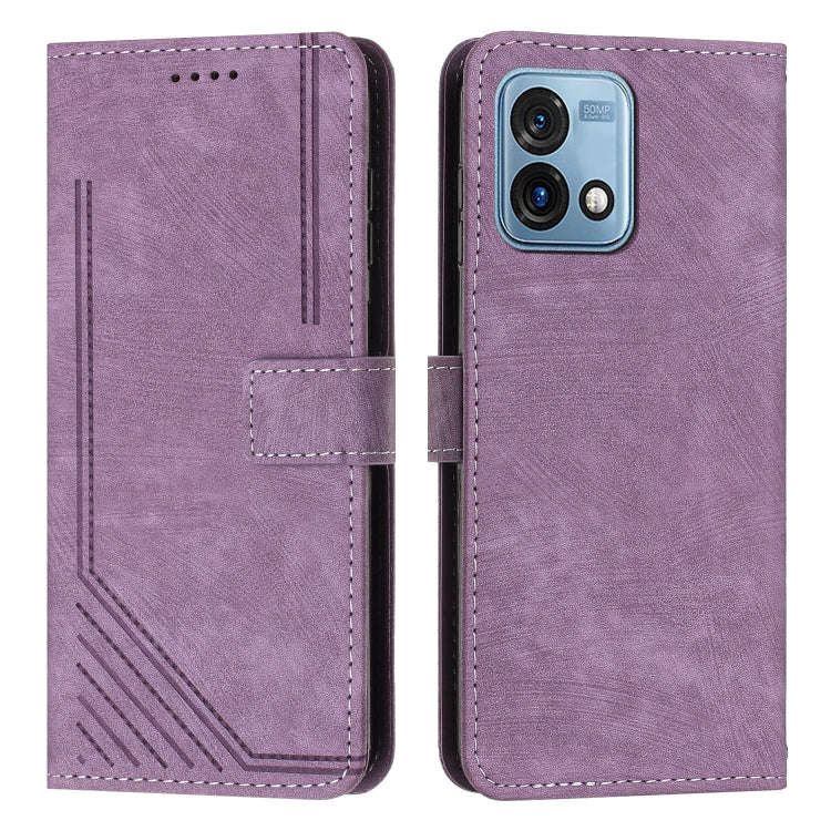 For Motorola Moto G Stylus 5G 2023 Skin Feel Stripe Pattern Leather Phone Case with Lanyard(Purple)