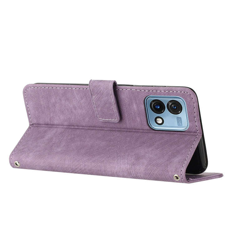 For Motorola Moto G Stylus 5G 2023 Skin Feel Stripe Pattern Leather Phone Case with Lanyard(Purple)