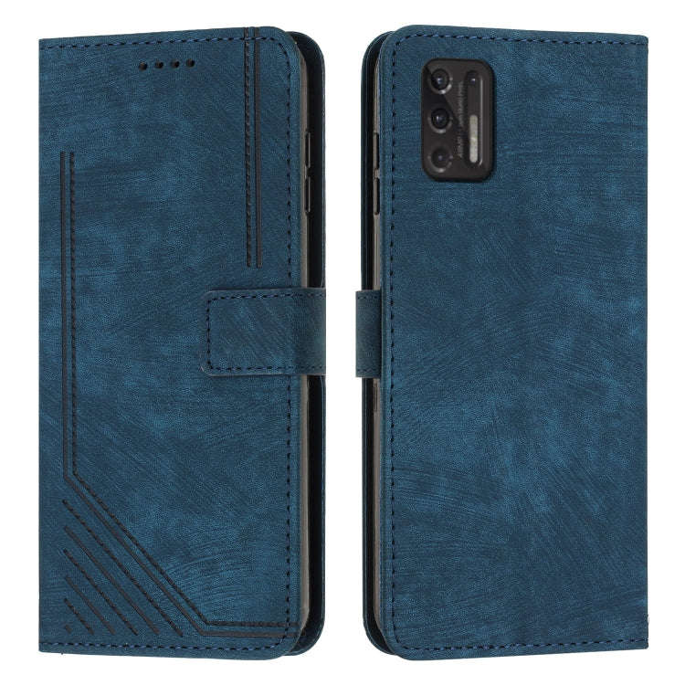 Motorola Moto G Stylus 2021 Skin Feel Stripe Pattern Leather Phone Case with Lanyard(Blue)