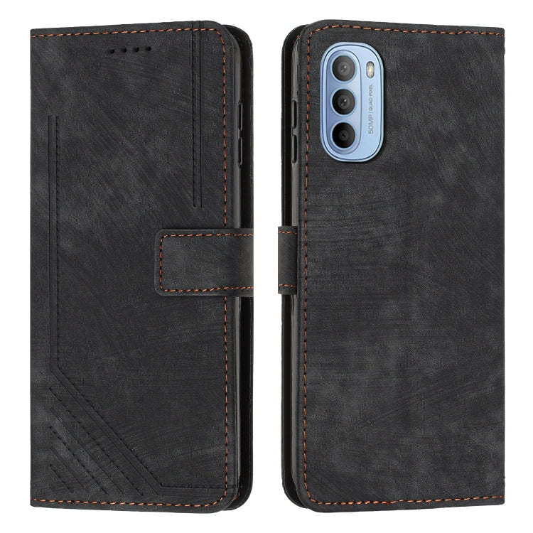 For Motorola Moto G Stylus 2022 Skin Feel Stripe Pattern Leather Phone Case with Lanyard(Black)
