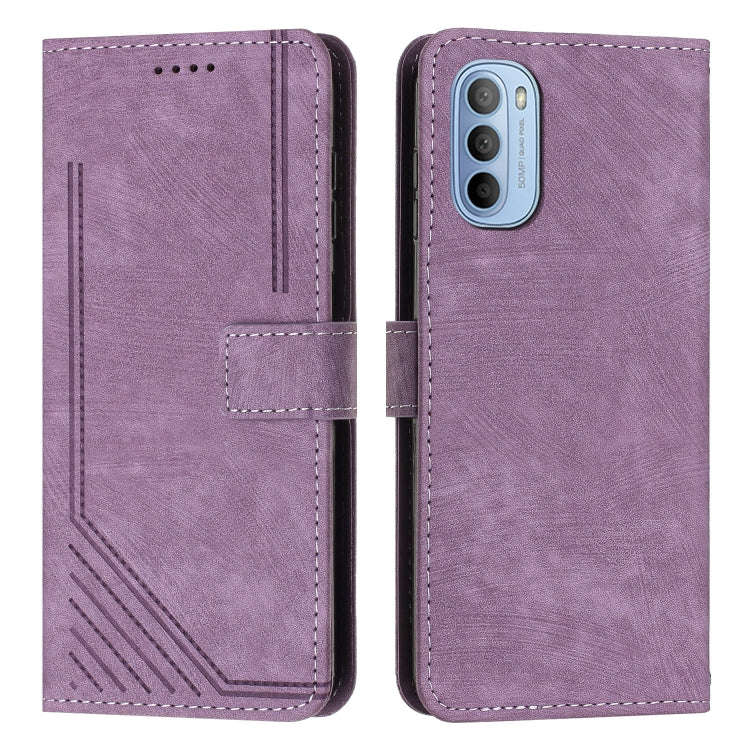 For Motorola Moto G Stylus 2022 Skin Feel Stripe Pattern Leather Phone Case with Lanyard(Purple)