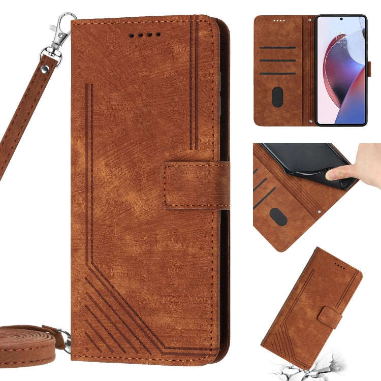 For Motorola Moto G22 Skin Feel Stripe Pattern Leather Phone Case with Lanyard(Brown)