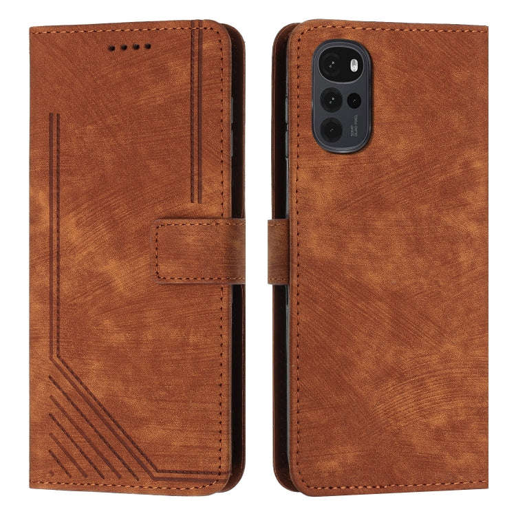 For Motorola Moto G22 Skin Feel Stripe Pattern Leather Phone Case with Lanyard(Brown)