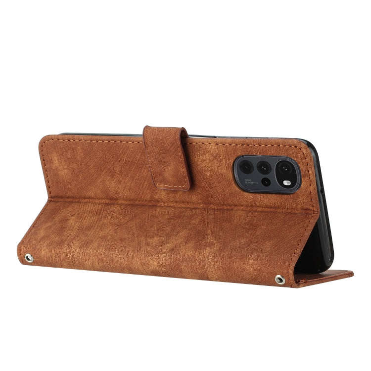 For Motorola Moto G22 Skin Feel Stripe Pattern Leather Phone Case with Lanyard(Brown)