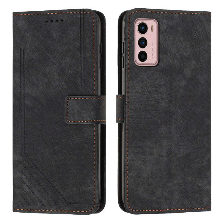 For Motorola Moto G42 Skin Feel Stripe Pattern Leather Phone Case with Lanyard(Black)