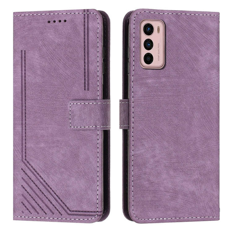 For Motorola Moto G42 Skin Feel Stripe Pattern Leather Phone Case with Lanyard(Purple)
