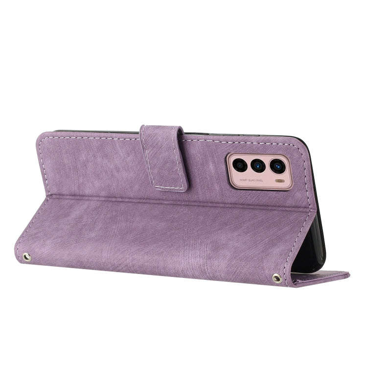 For Motorola Moto G42 Skin Feel Stripe Pattern Leather Phone Case with Lanyard(Purple)