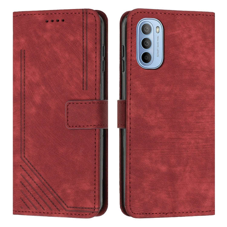 For Motorola Moto G52 Skin Feel Stripe Pattern Leather Phone Case with Lanyard(Red)