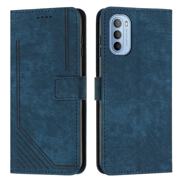 For Motorola Moto G62 5G Skin Feel Stripe Pattern Leather Phone Case with Lanyard(Blue)
