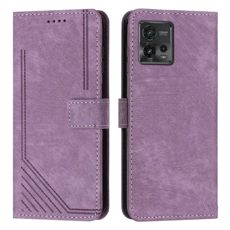 For Motorola Moto G72 Skin Feel Stripe Pattern Leather Phone Case with Lanyard(Purple)