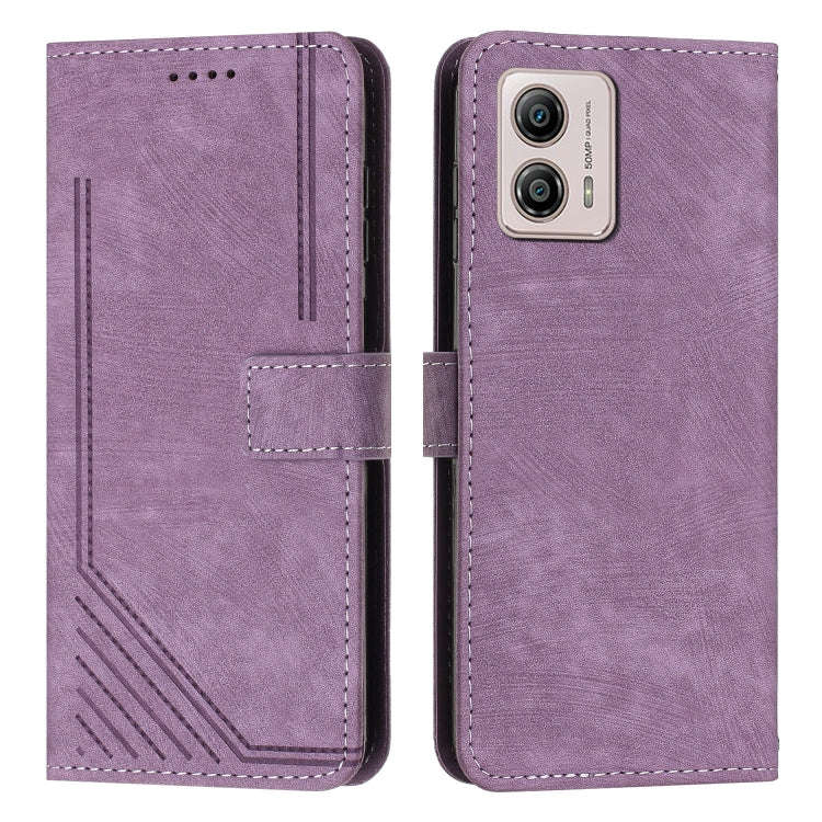 For Motorola Moto G73 Skin Feel Stripe Pattern Leather Phone Case with Lanyard(Purple)