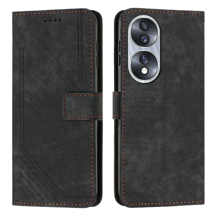 For Honor 70 Skin Feel Stripe Pattern Leather Phone Case with Lanyard(Black)