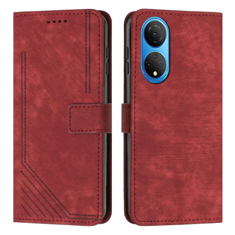 For Honor X7 4G / Play 30 Plus Skin Feel Stripe Pattern Leather Phone Case with Lanyard(Red)
