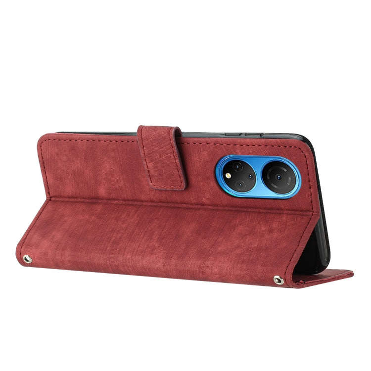 For Honor X7 4G / Play 30 Plus Skin Feel Stripe Pattern Leather Phone Case with Lanyard(Red)