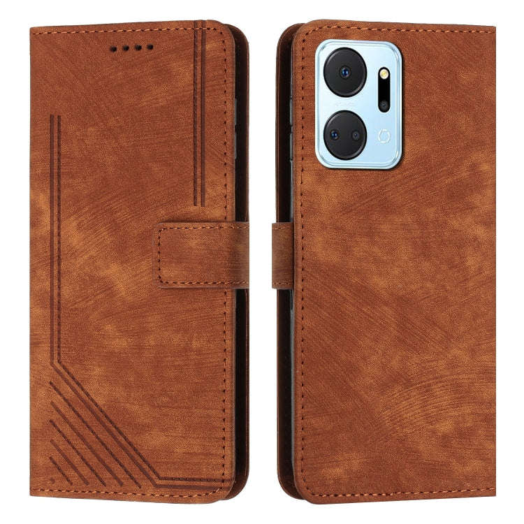 For Honor X7a 4G Global Skin Feel Stripe Pattern Leather Phone Case with Lanyard(Brown)