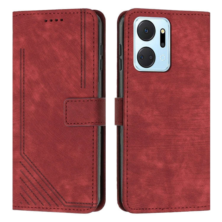 For Honor X7a 4G Global Skin Feel Stripe Pattern Leather Phone Case with Lanyard(Red)