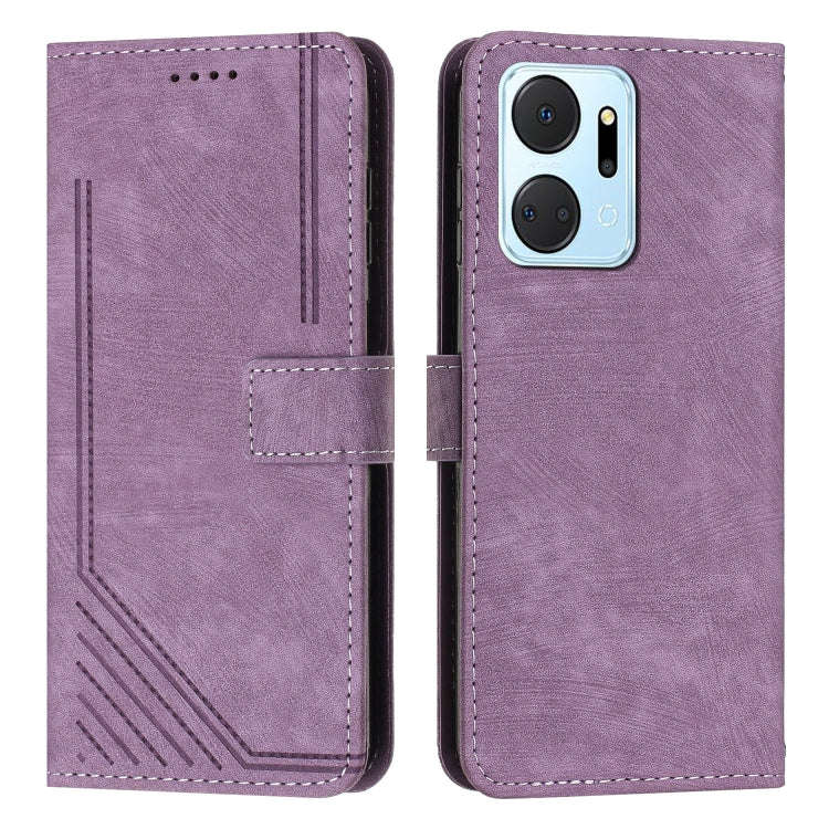 For Honor X7a 4G Global Skin Feel Stripe Pattern Leather Phone Case with Lanyard(Purple)