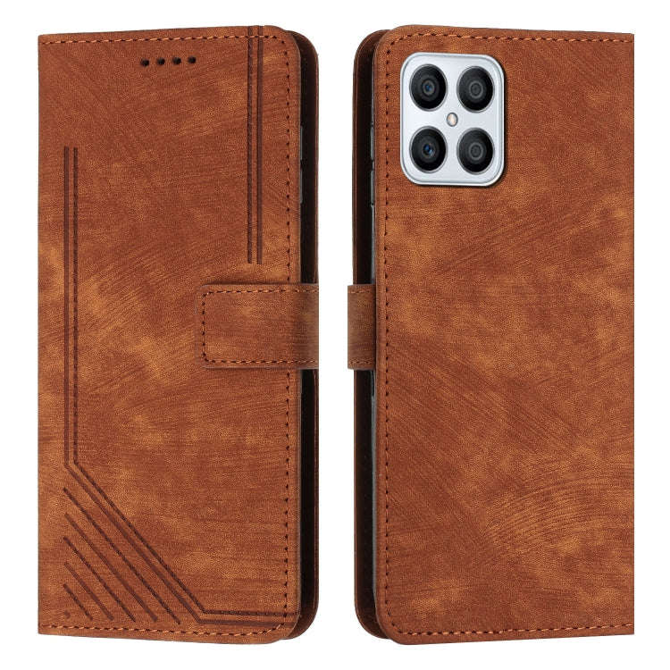For Honor X8 4G / X30i / Play6T Pro Skin Feel Stripe Pattern Leather Phone Case with Lanyard(Brown)