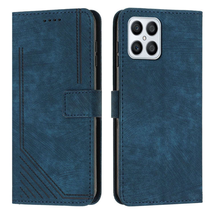 For Honor X8 4G / X30i / Play6T Pro Skin Feel Stripe Pattern Leather Phone Case with Lanyard(Blue)