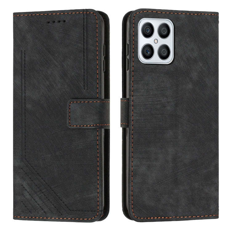 For Honor X8 4G / X30i / Play6T Pro Skin Feel Stripe Pattern Leather Phone Case with Lanyard(Black)