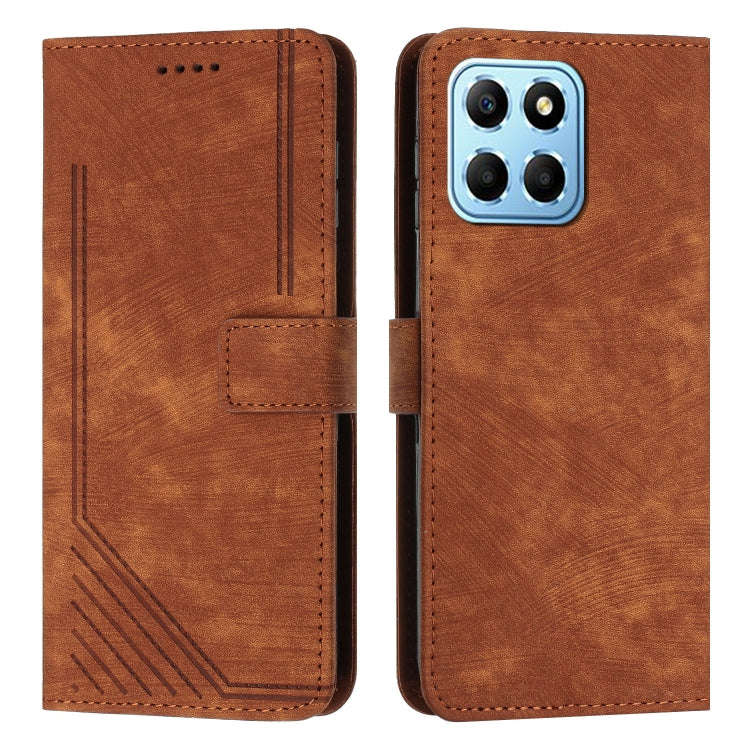 For Honor X8 5G / Play6C 5G / X6 4G Skin Feel Stripe Pattern Leather Phone Case with Lanyard(Brown)