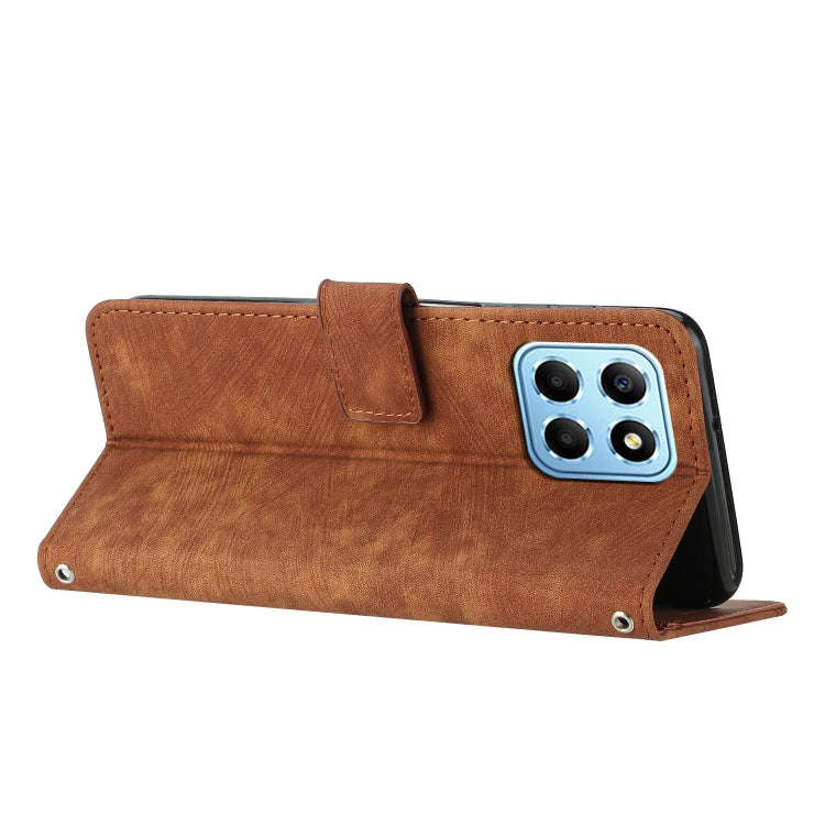 For Honor X8 5G / Play6C 5G / X6 4G Skin Feel Stripe Pattern Leather Phone Case with Lanyard(Brown)
