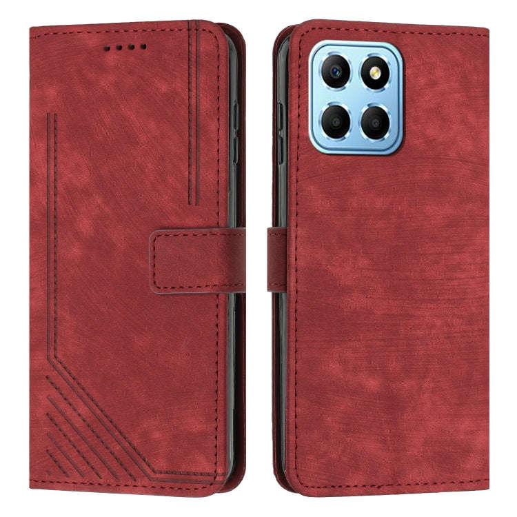 For Honor X8 5G / Play6C 5G / X6 4G Skin Feel Stripe Pattern Leather Phone Case with Lanyard(Red)