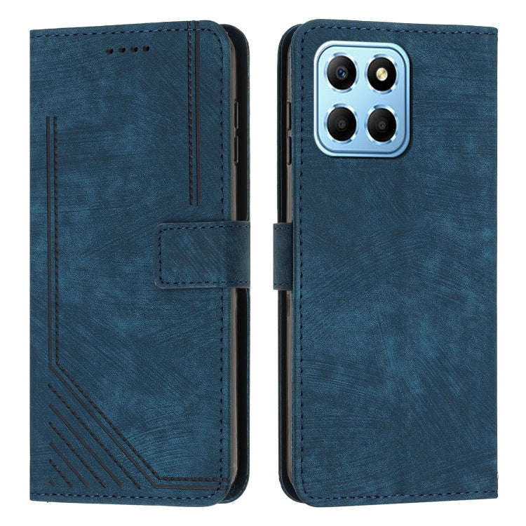 For Honor X8 5G / Play6C 5G / X6 4G Skin Feel Stripe Pattern Leather Phone Case with Lanyard(Blue)