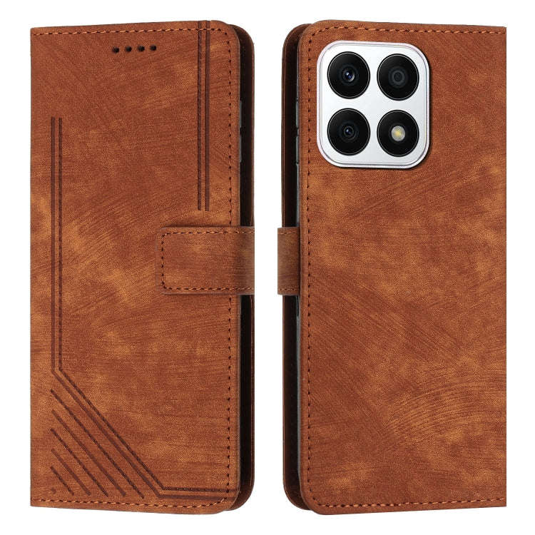 For Honor X8a 4G Global Skin Feel Stripe Pattern Leather Phone Case with Lanyard(Brown)