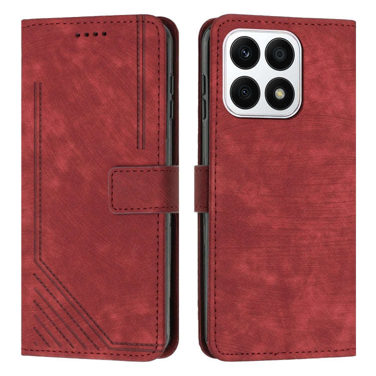 For Honor X8a 4G Global Skin Feel Stripe Pattern Leather Phone Case with Lanyard(Red)