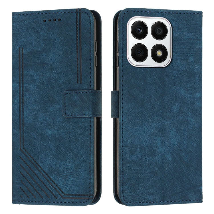 For Honor X8a 4G Global Skin Feel Stripe Pattern Leather Phone Case with Lanyard(Blue)