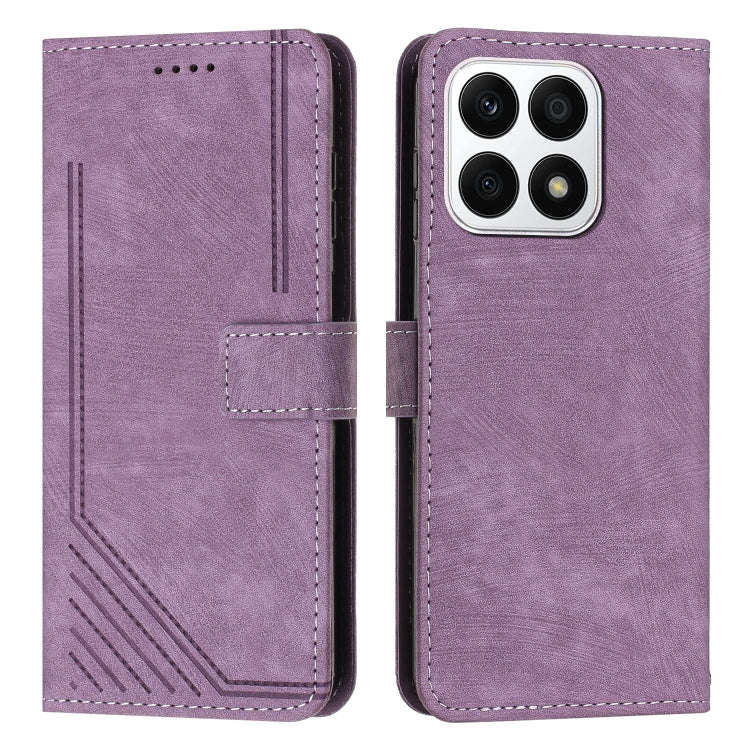 For Honor X8a 4G Global Skin Feel Stripe Pattern Leather Phone Case with Lanyard(Purple)