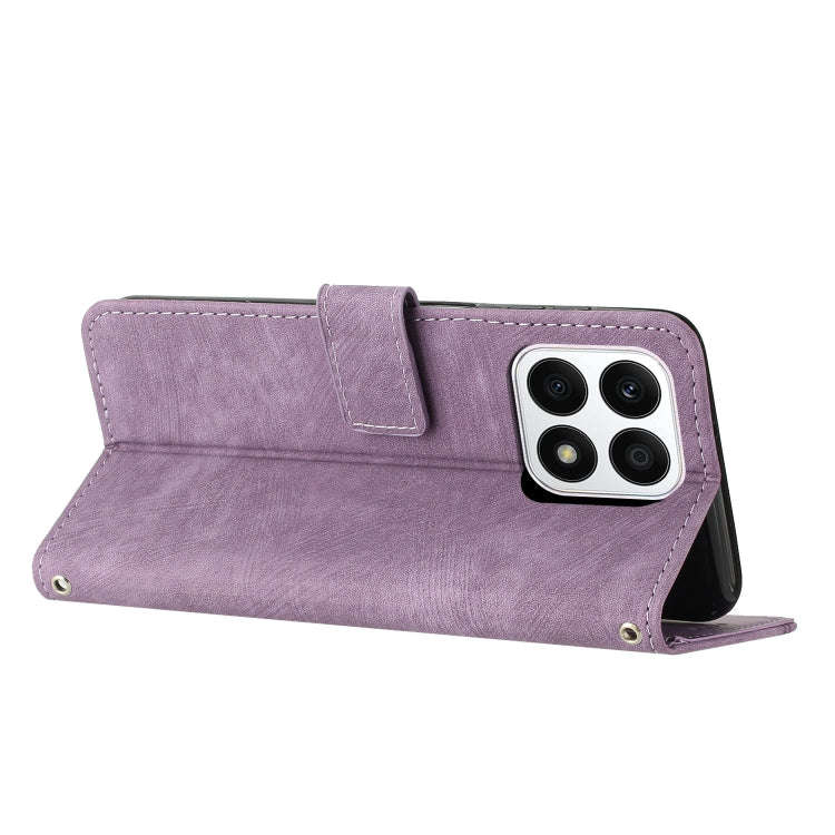 For Honor X8a 4G Global Skin Feel Stripe Pattern Leather Phone Case with Lanyard(Purple)
