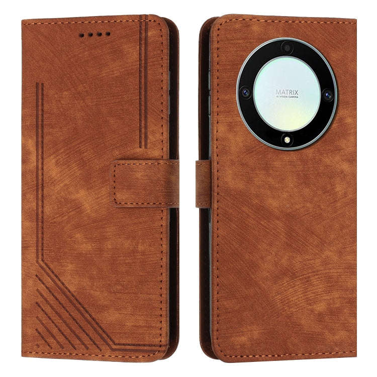 Honor X9a 5G / Magic5 Lite Skin Feel Stripe Pattern Leather Phone Case with Lanyard(Brown)