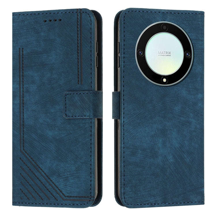 Honor X9a 5G / Magic5 Lite Skin Feel Stripe Pattern Leather Phone Case with Lanyard(Blue)