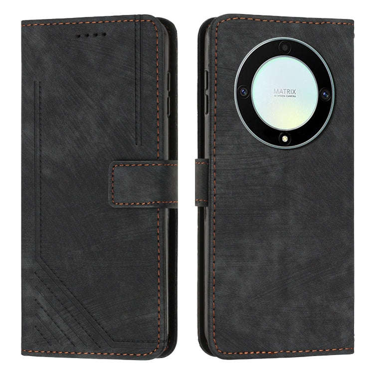 Honor X9a 5G / Magic5 Lite Skin Feel Stripe Pattern Leather Phone Case with Lanyard(Black)