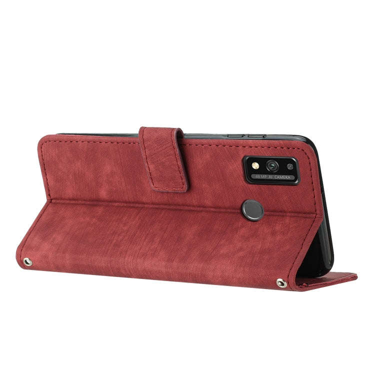 For Honor 9X Lite / 8X Skin Feel Stripe Pattern Leather Phone Case with Lanyard(Red)