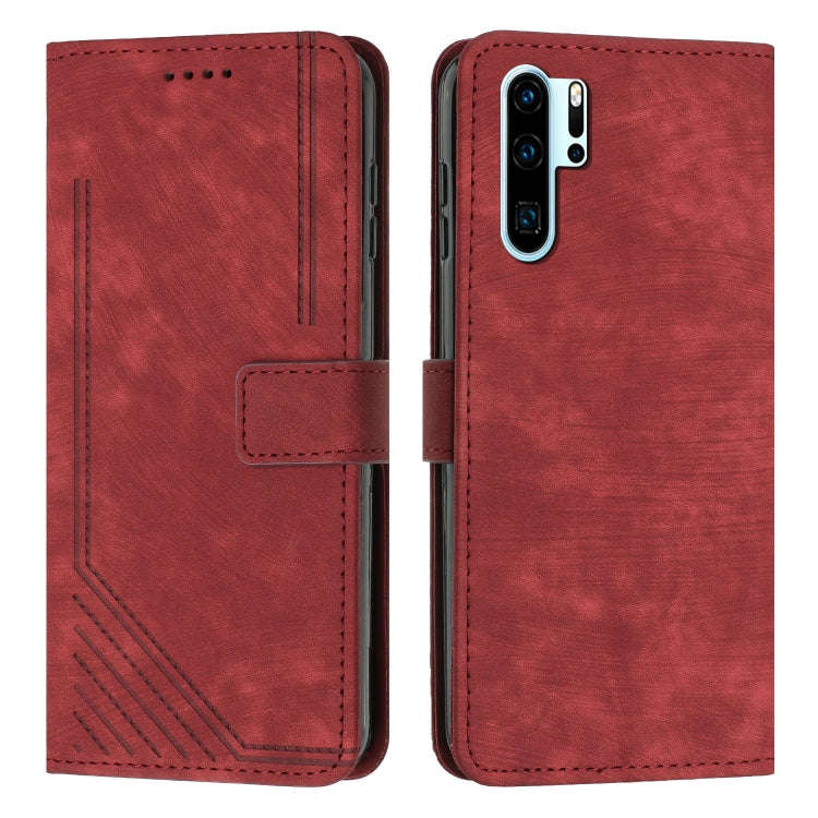 For Huawei P30 Pro Skin Feel Stripe Pattern Leather Phone Case with Lanyard(Red)