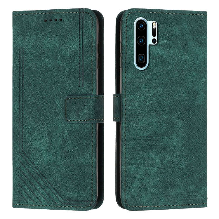 For Huawei P30 Pro Skin Feel Stripe Pattern Leather Phone Case with Lanyard(Green)